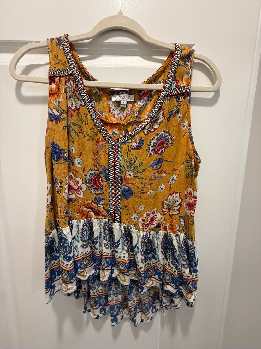 Patrons of Peace Mustard Floral Embroidered Boho Blouse